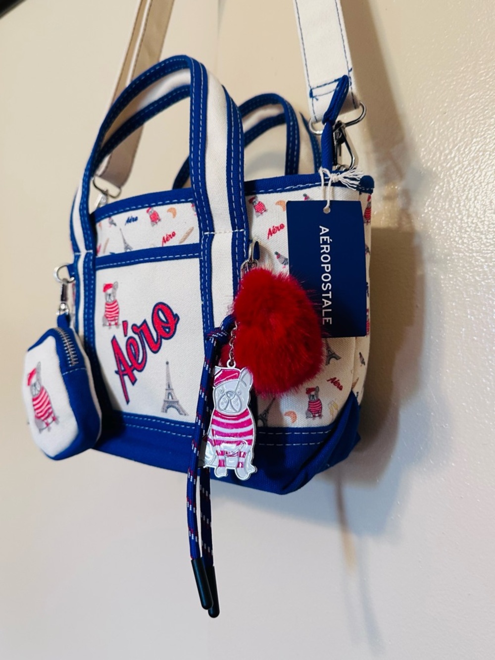Aeropostale White, Royal Blue & Red Mini Tote with Pom Charm - Picture 6 of 10